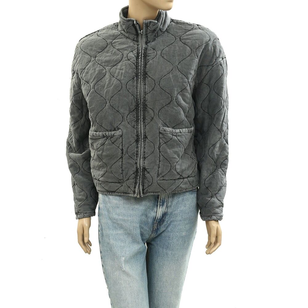 Green Coast Wavy Quilted Cropped Jacket Top Zip-Up Outerwear Gray S NEW 284186